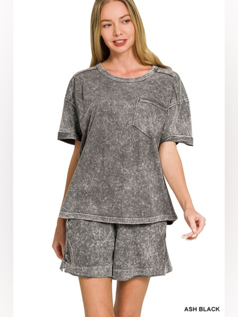 Zenana HALO SNOW WASHED EXPOSED SEAM TOP & SHORTS SET